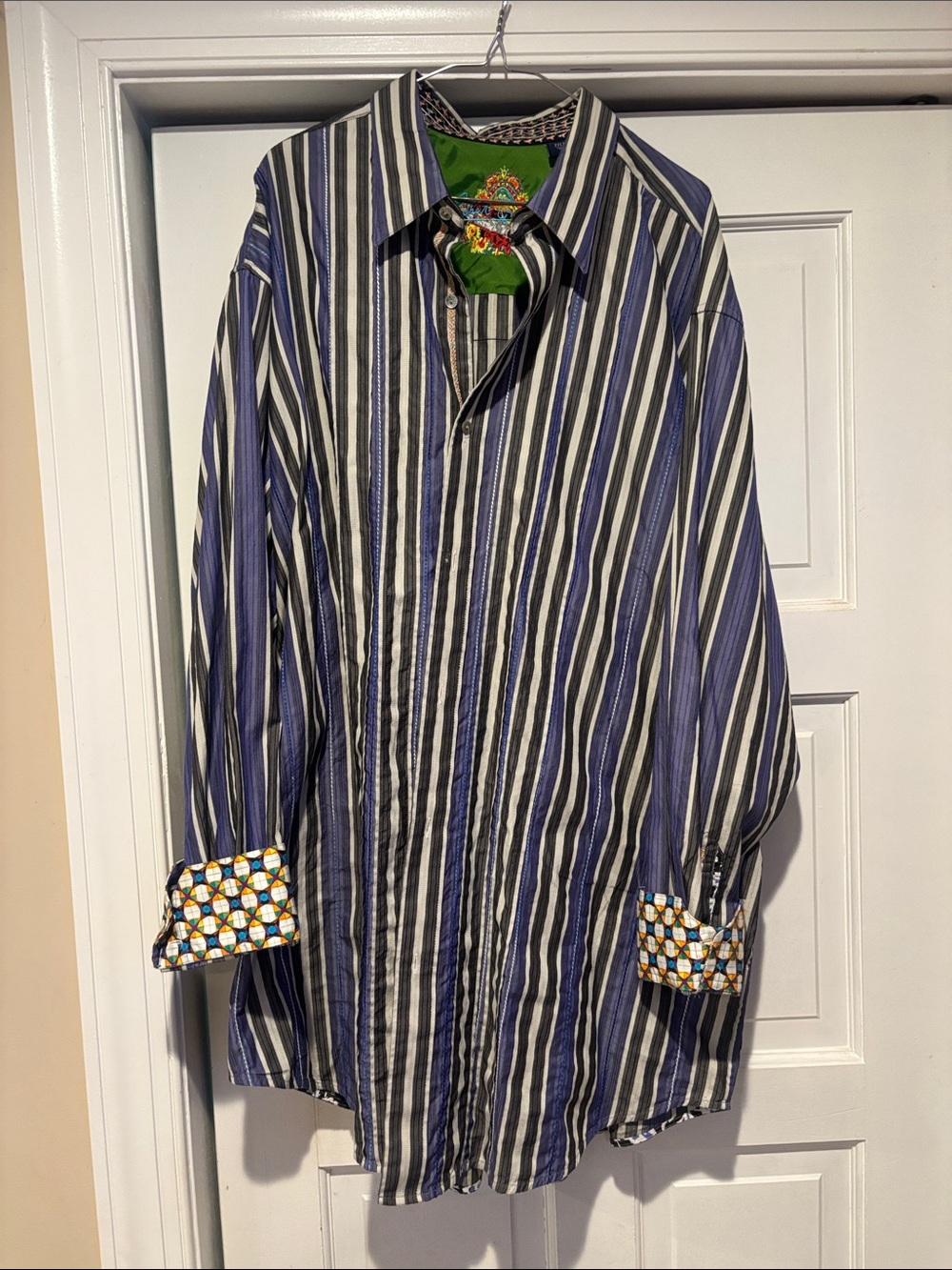 Robert Graham Blue, White & Black Striped Button-Down with Patterned Cuffs